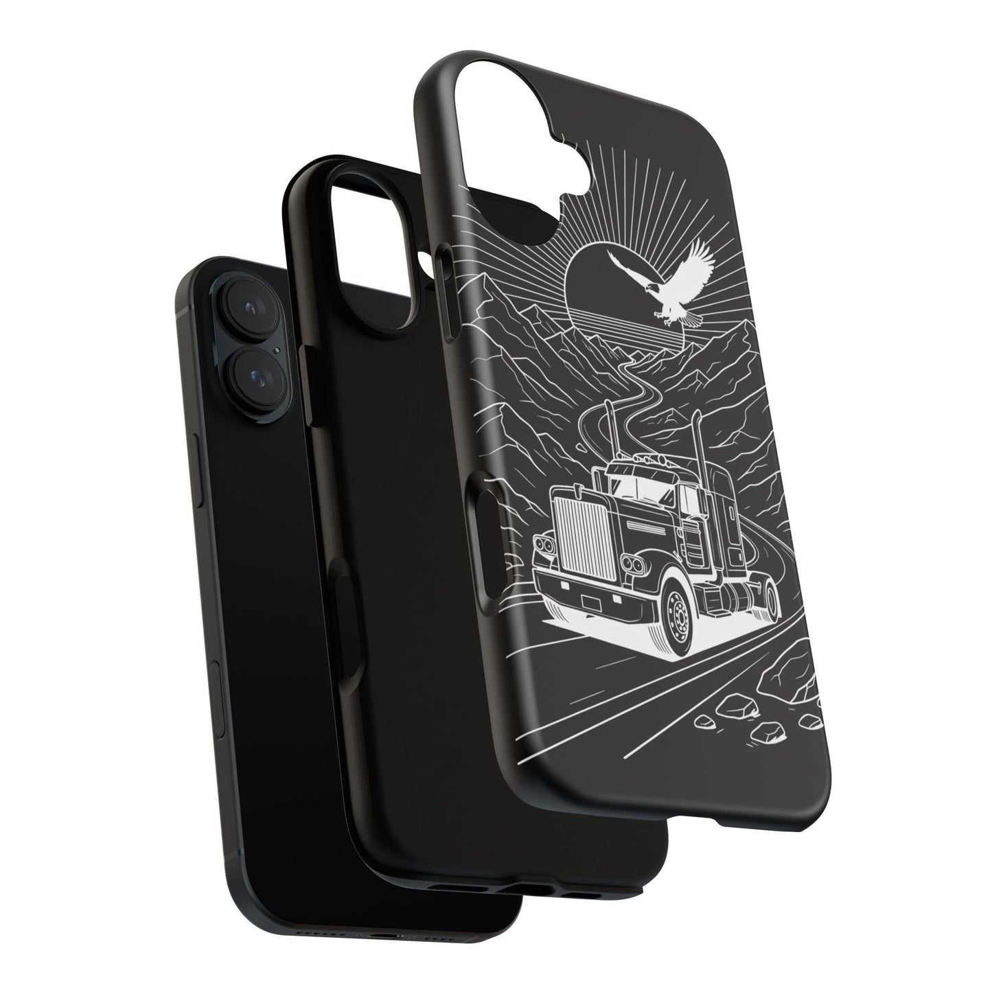 Trucker Highway Phone Case | Eagle & Mountain Line Art | Black Western Tough Case