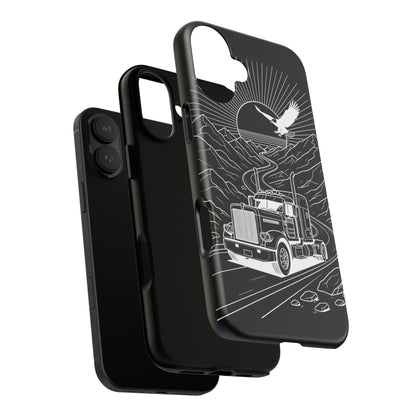 Trucker Highway Phone Case | Eagle & Mountain Line Art | Black Western Tough Case