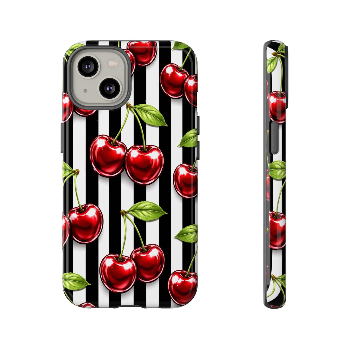 Cherry Pattern Phone Case Black White Stripe Retro Aesthetic Tough Cover