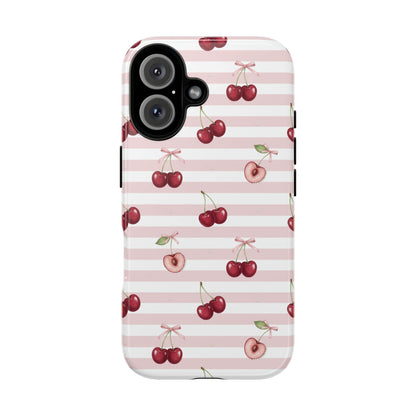Pink Cherry Stripe Phone Case | Cute Coquette Aesthetic Protective Tough Case