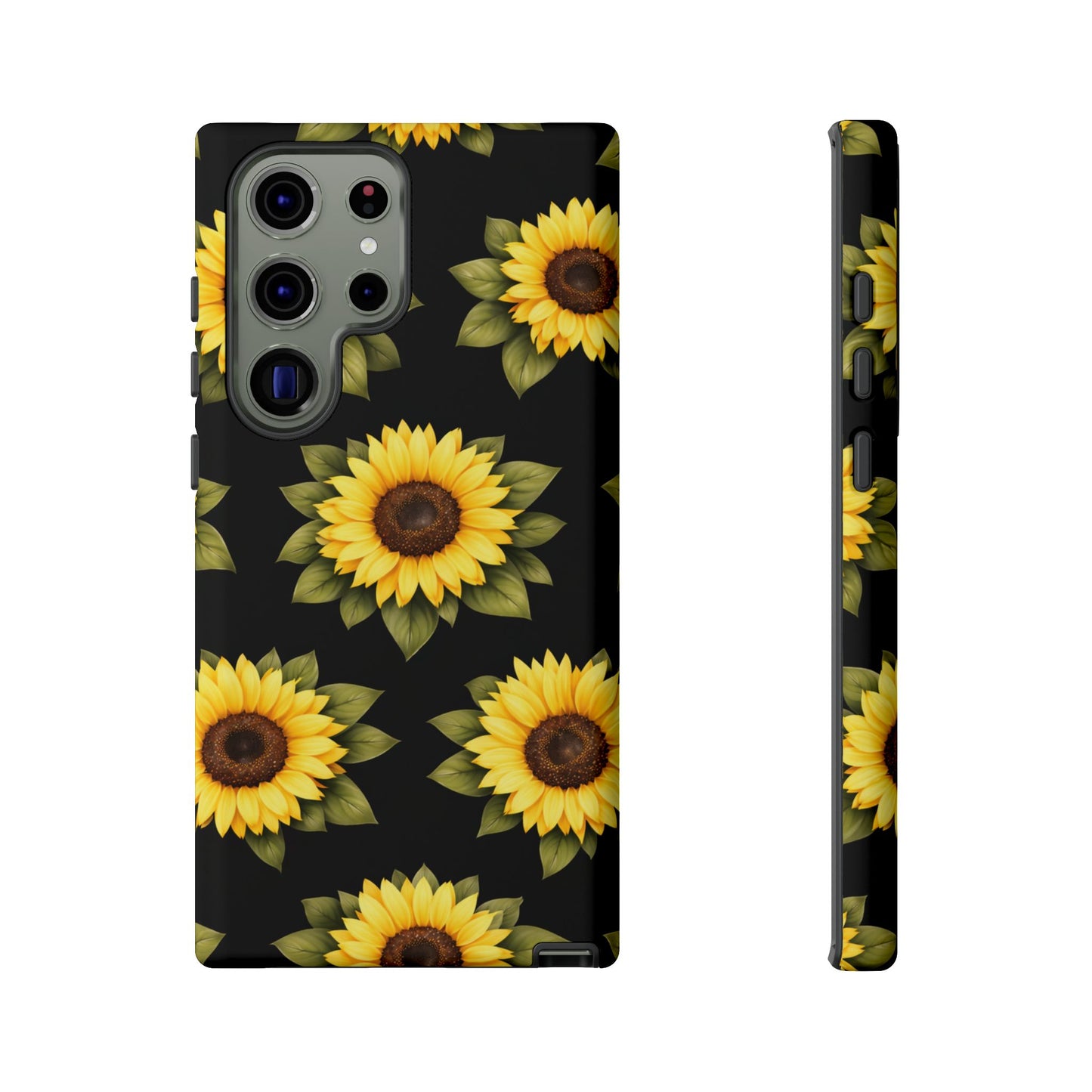 Sunflower Floral Tough Phone Case – Black Background Protective Cover for Iphone, Samsung Galaxy and Pixel