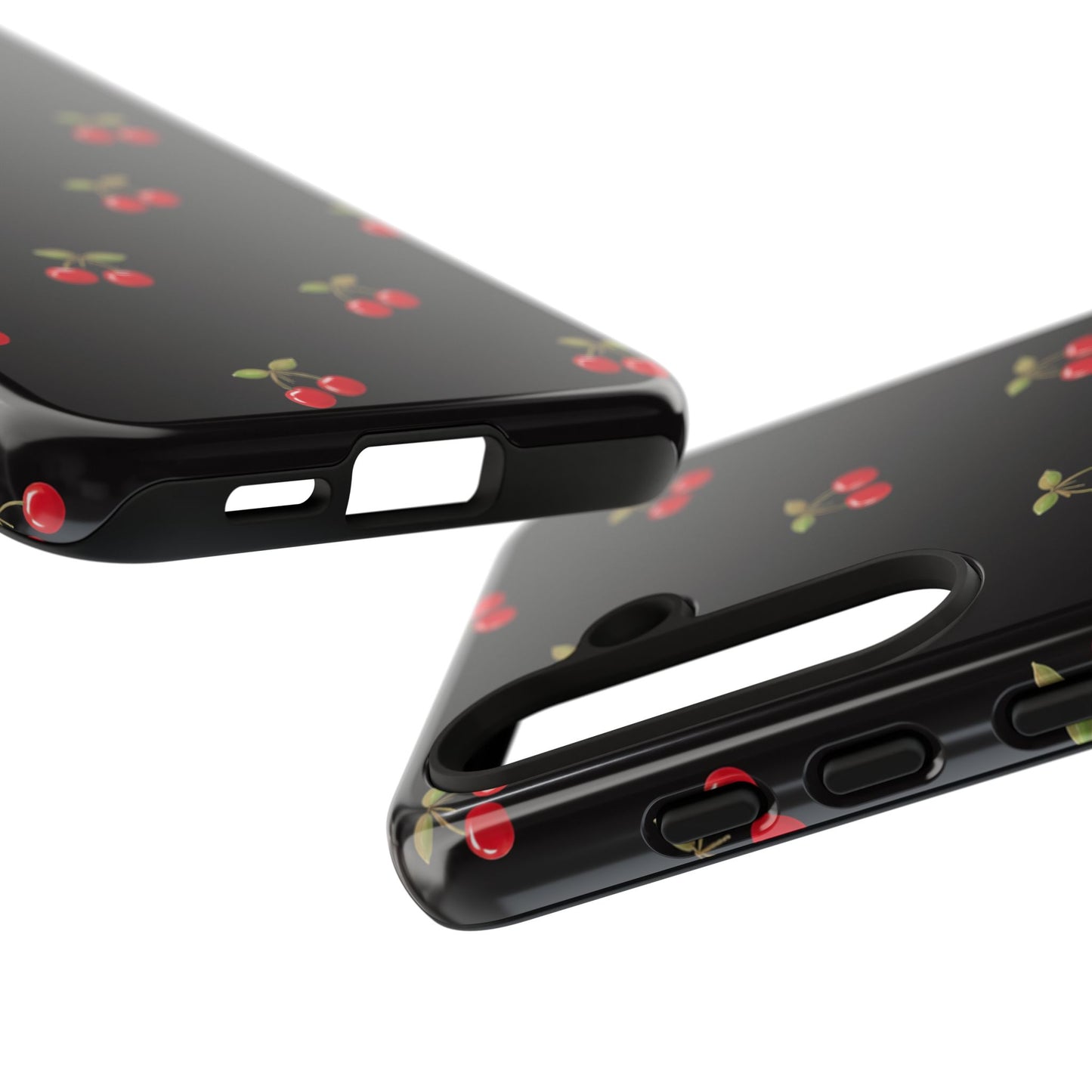 Cherry Pattern Phone Case — Slim Black Protective iPhone Case with Red Cherries for Iphone, Samsung Galaxy and Pixel