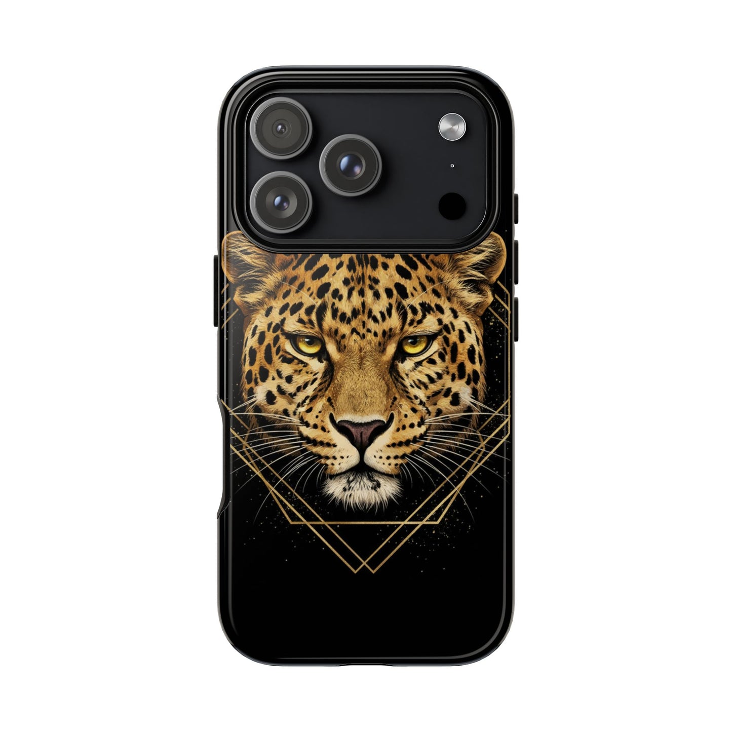 Leopard Head Geometric Phone Case – Black & Gold Luxe Tough Case