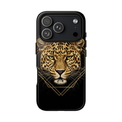 Leopard Head Geometric Phone Case – Black & Gold Luxe Tough Case