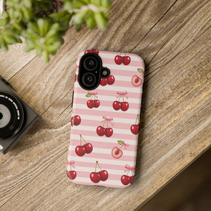 Coquette Cherry Bow Phone Case | Cute Pink Aesthetic Cherry Pattern Tough Case for iPhone & Samsung