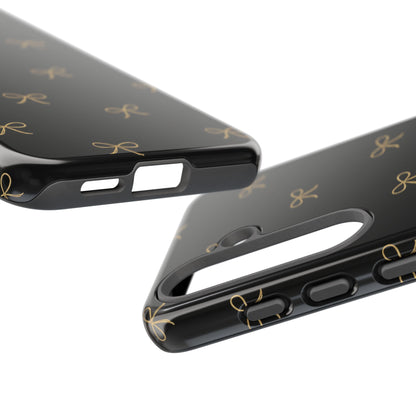 Black Phone Case with Gold Bow Pattern – Slim Protective Cute Aesthetic Cover for Iphone, Samsung Galaxy and Pixel