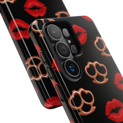 Red Lipstick & Knuckle Duster Phone Case | Bold Kiss Print Tough Protective Cover for Iphone, Samsung Galaxy and Pixel