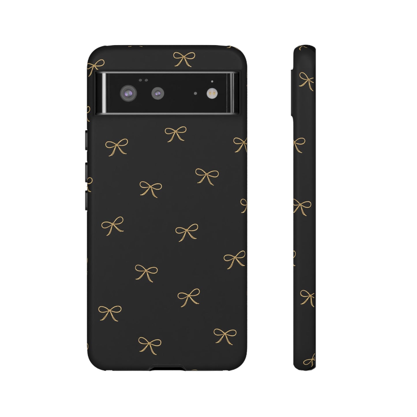 Black Phone Case with Gold Bow Pattern – Slim Protective Cute Aesthetic Cover for Iphone, Samsung Galaxy and Pixel