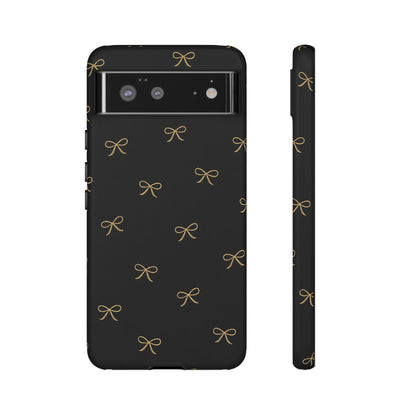 Black Phone Case with Gold Bow Pattern – Slim Protective Cute Aesthetic Cover for Iphone, Samsung Galaxy and Pixel