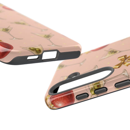 Cocktail Ornament Phone Case – Pink Martini & Cherry Pattern | Glossy or Matte for Iphone, Samsung Galaxy and Pixel
