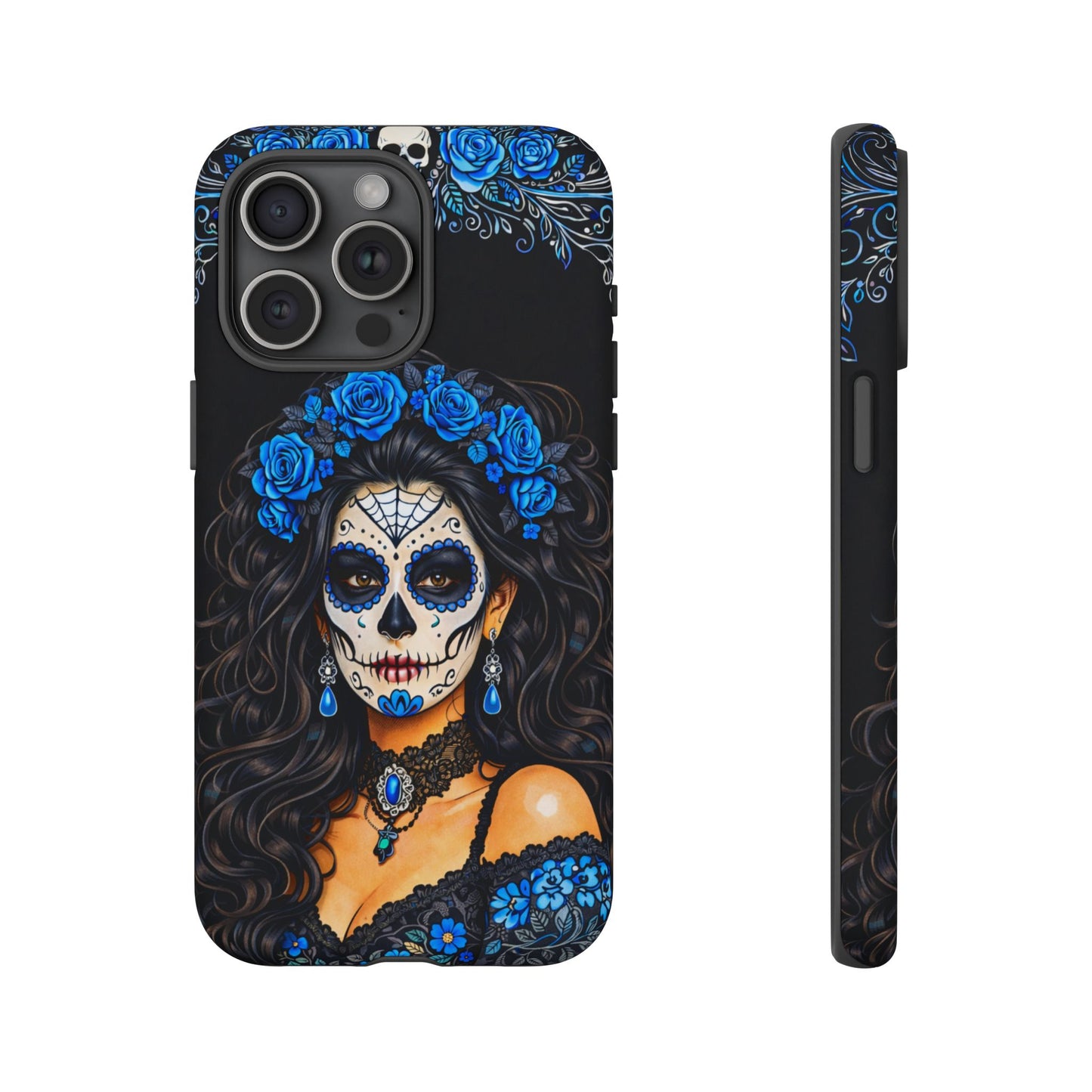 Blue Sugar Skull Woman Phone Case – Day of the Dead Aesthetic Tough Cover