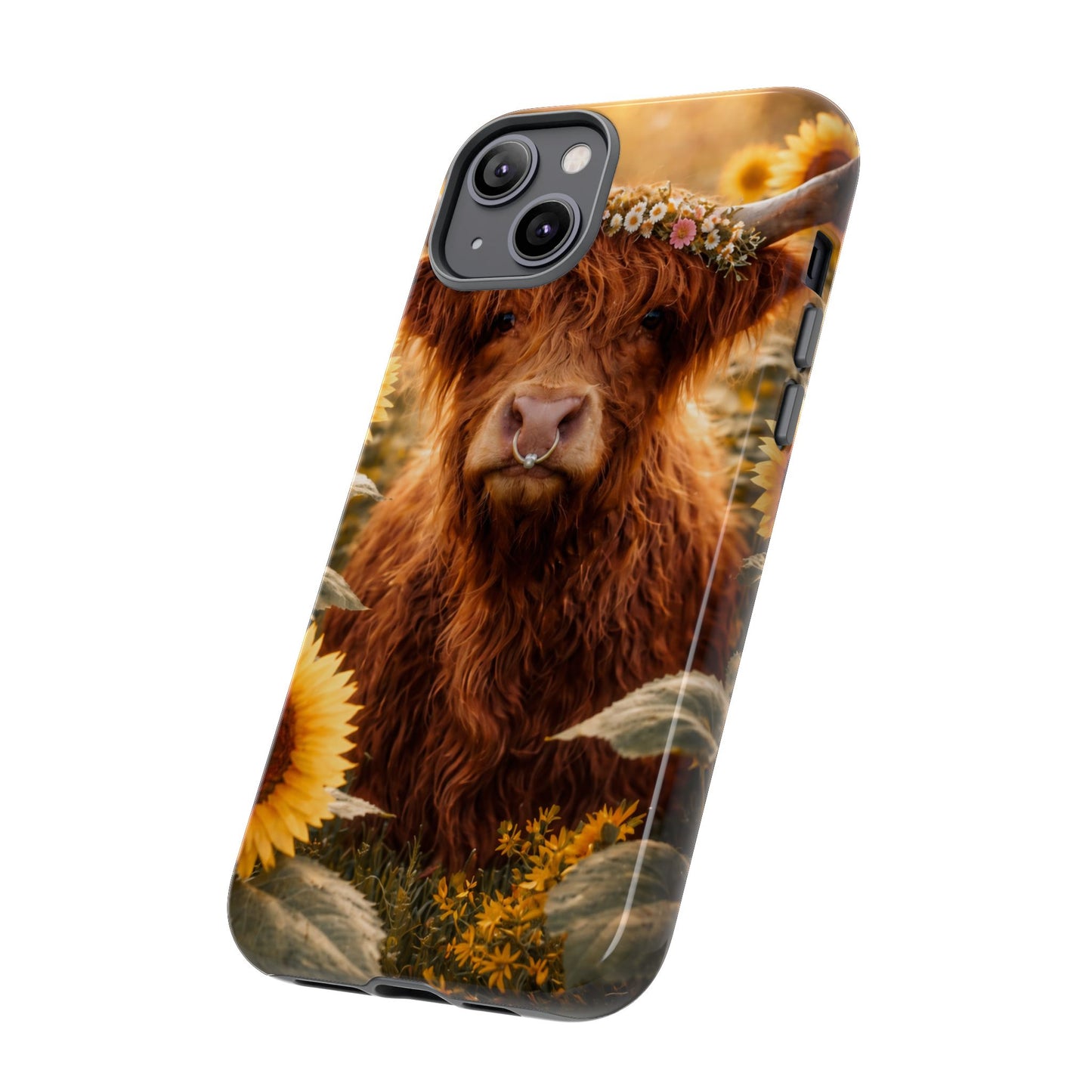 Highland Cow Sunflower Phone Case | Floral Farmhouse iPhone, Samsung Galaxy and Pixel Cover