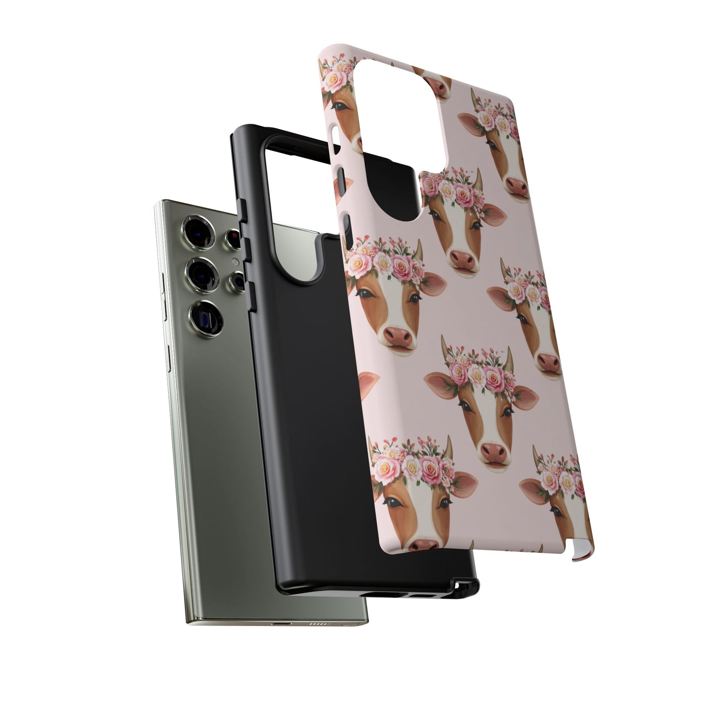 Floral Cow Phone Case – Cute Pink Cow Print Tough Protective Case for Iphone, Samsung Galaxy and Pixel