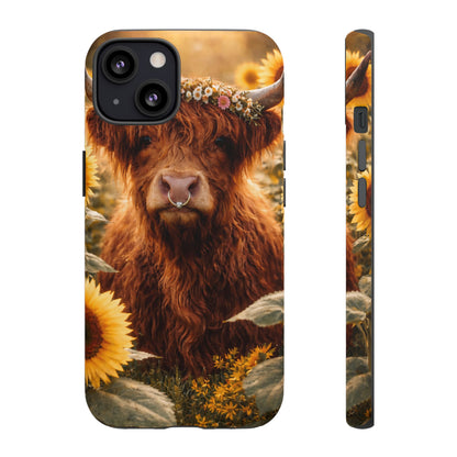 Highland Cow Sunflower Phone Case | Floral Farmhouse iPhone, Samsung Galaxy and Pixel Cover