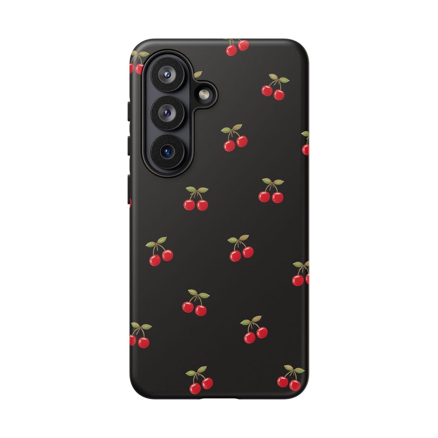 Cherry Pattern Phone Case — Slim Black Protective iPhone Case with Red Cherries for Iphone, Samsung Galaxy and Pixel
