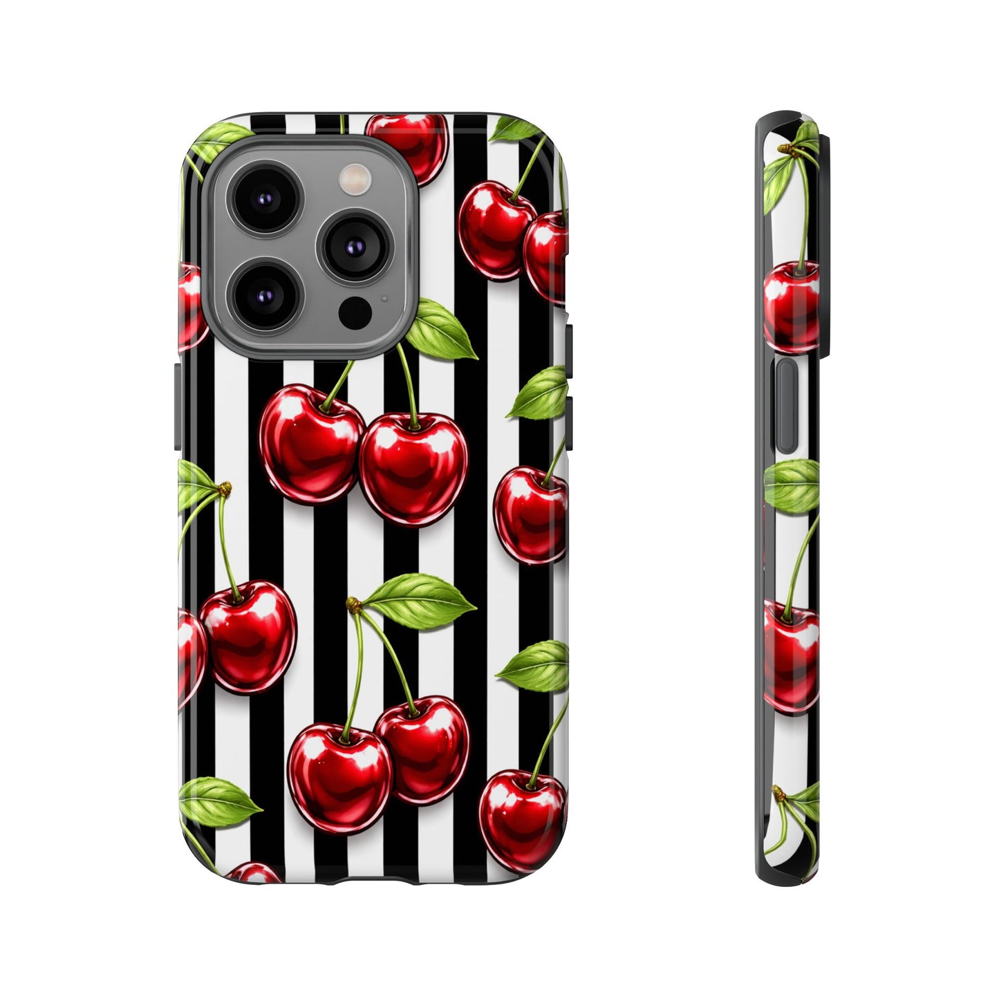 Cherry Pattern Phone Case Black White Stripe Retro Aesthetic Tough Cover