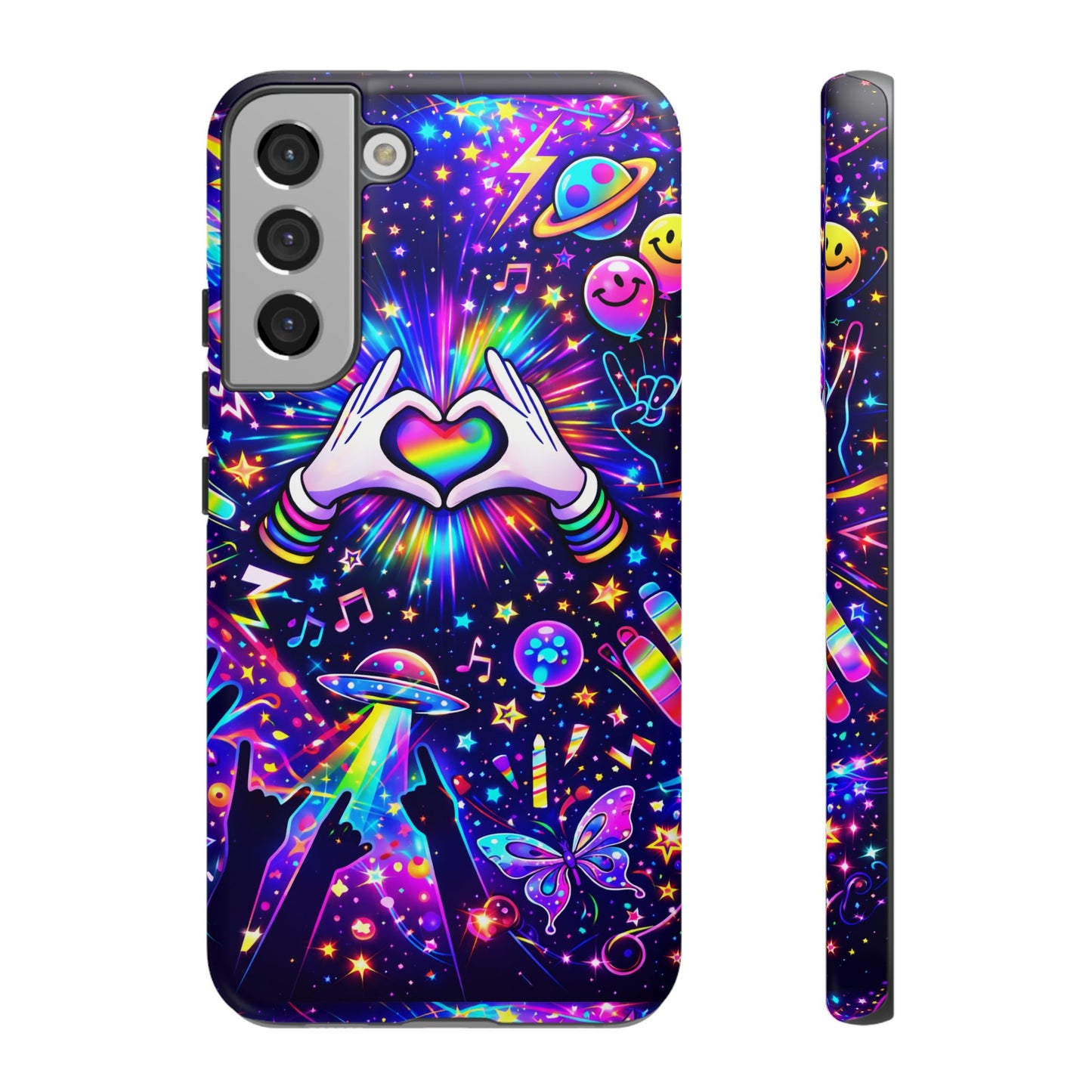 Rainbow Heart Hands Phone Case – Neon Galaxy EDM Festival Tough Cover