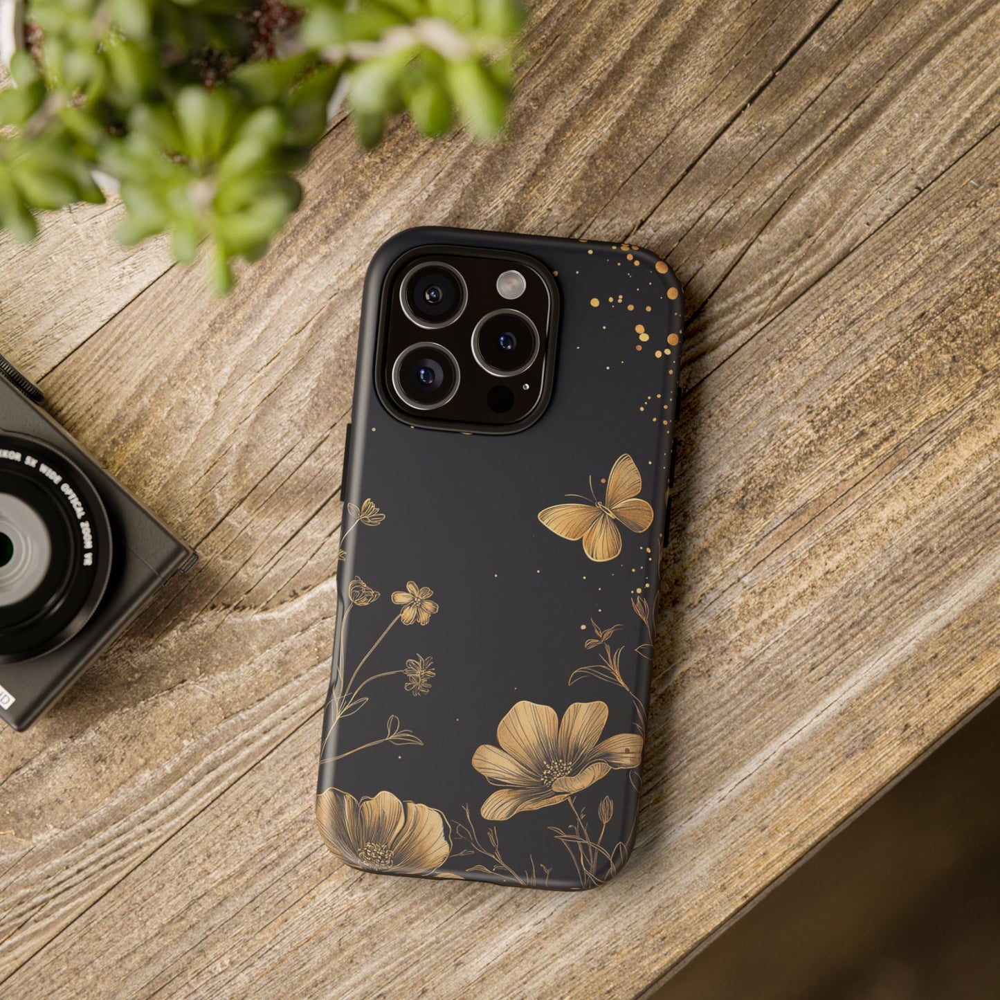 Gold Floral Butterfly Phone Case, Dark Aesthetic Botanical, Elegant Black Luxury iPhone Samsung Cover