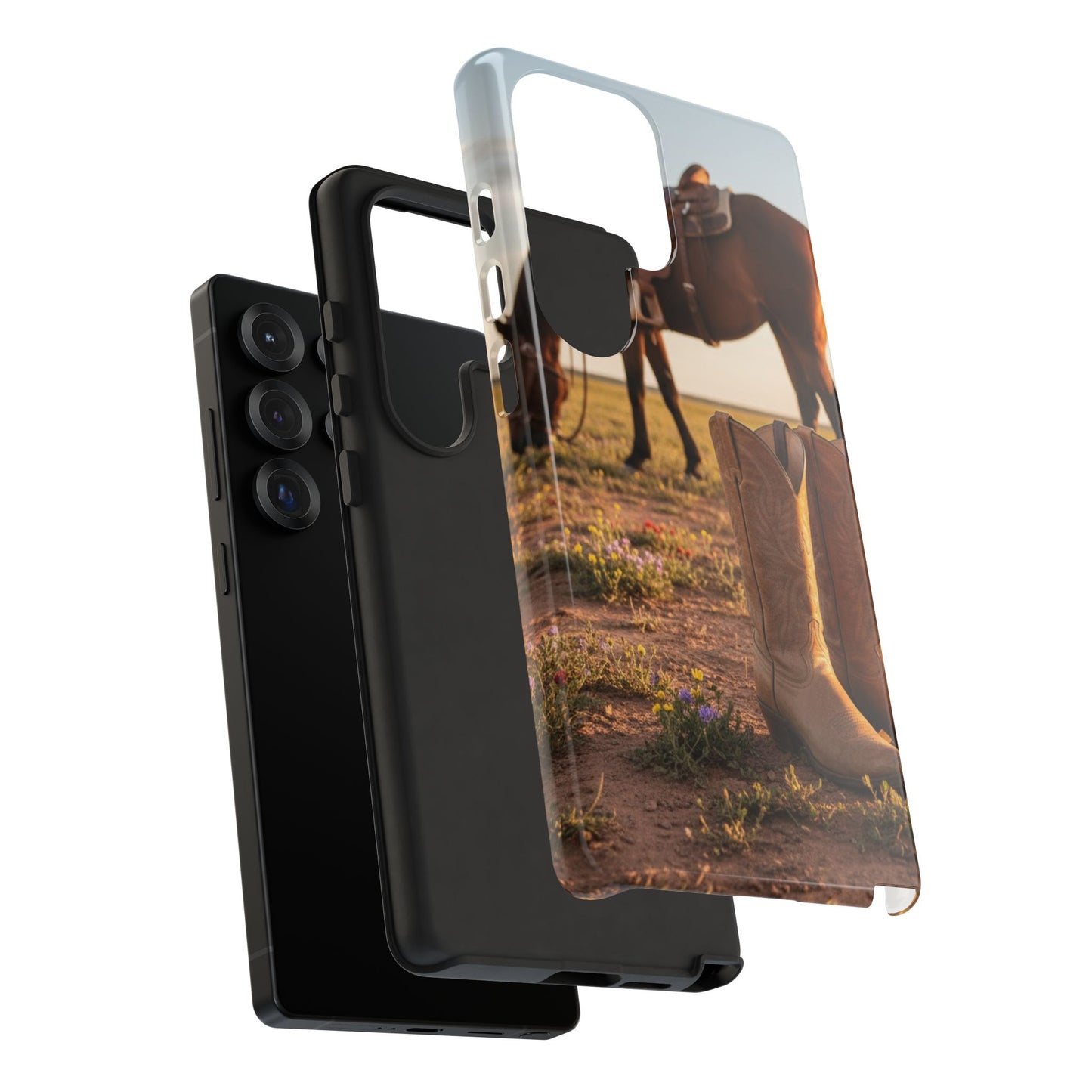 Western Cowboy Boots Phone Case – Rustic Horse Sunset Tough Case (iPhone, Samsung, Pixel)