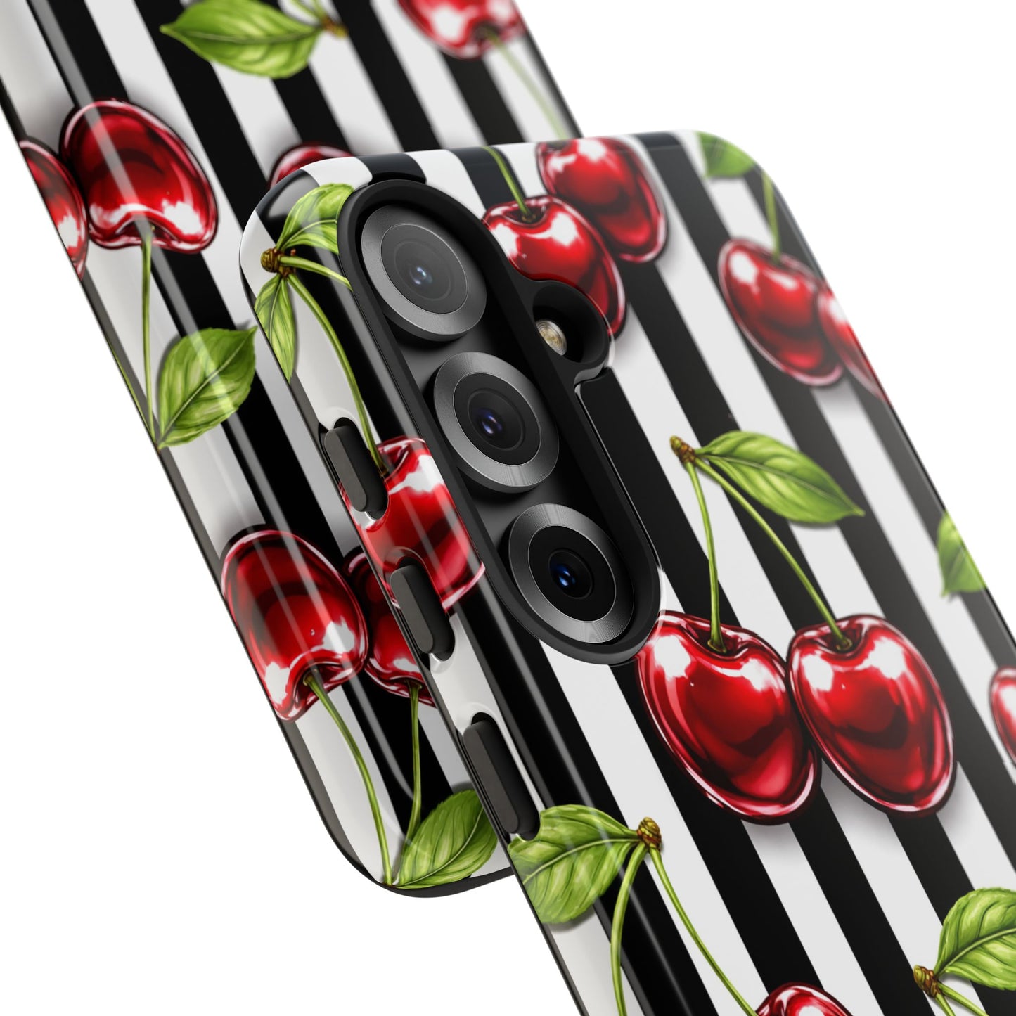 Cherry Pattern Phone Case Black White Stripe Retro Aesthetic Tough Cover