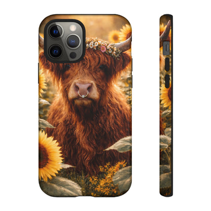 Highland Cow Sunflower Phone Case | Floral Farmhouse iPhone, Samsung Galaxy and Pixel Cover