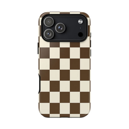 Mocha Checkerboard Phone Case | Neutral Aesthetic Checkered iPhone & Samsung Tough Case
