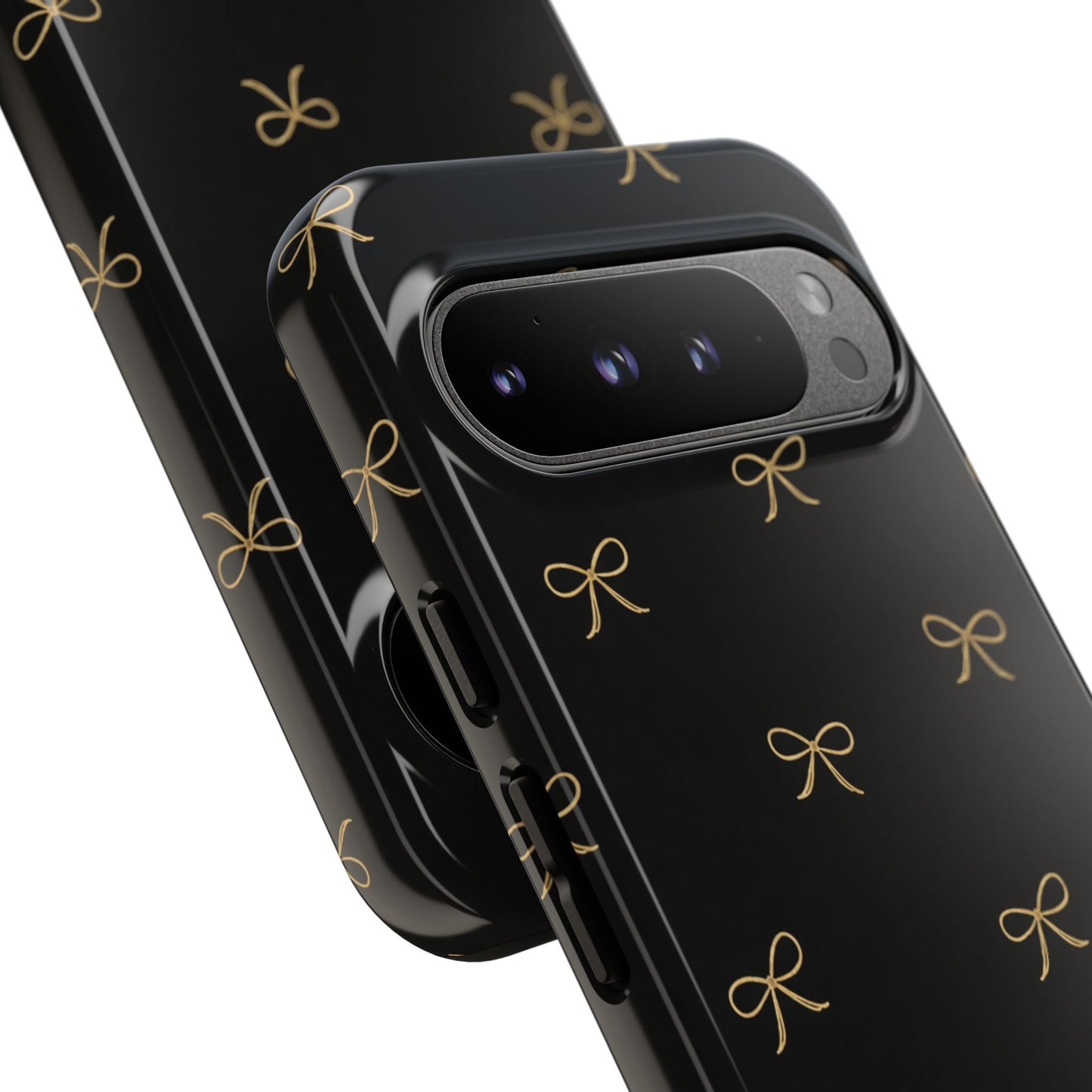 Black Phone Case with Gold Bow Pattern – Slim Protective Cute Aesthetic Cover for Iphone, Samsung Galaxy and Pixel