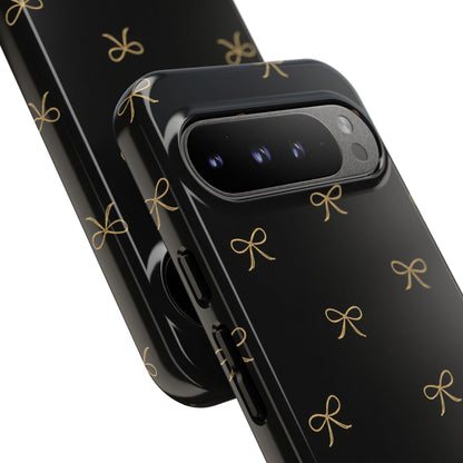 Black Phone Case with Gold Bow Pattern – Slim Protective Cute Aesthetic Cover for Iphone, Samsung Galaxy and Pixel