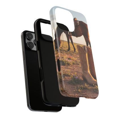Western Cowboy Boots Phone Case – Rustic Horse Sunset Tough Case (iPhone, Samsung, Pixel)
