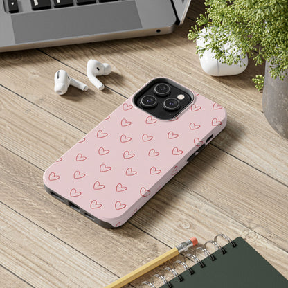 Pink Doodle Hearts Phone Case | Minimal Cute Heart Pattern Tough Case