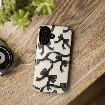 Black Ribbon Bow Phone Case, Minimal Bow Pattern Tough Protective Case