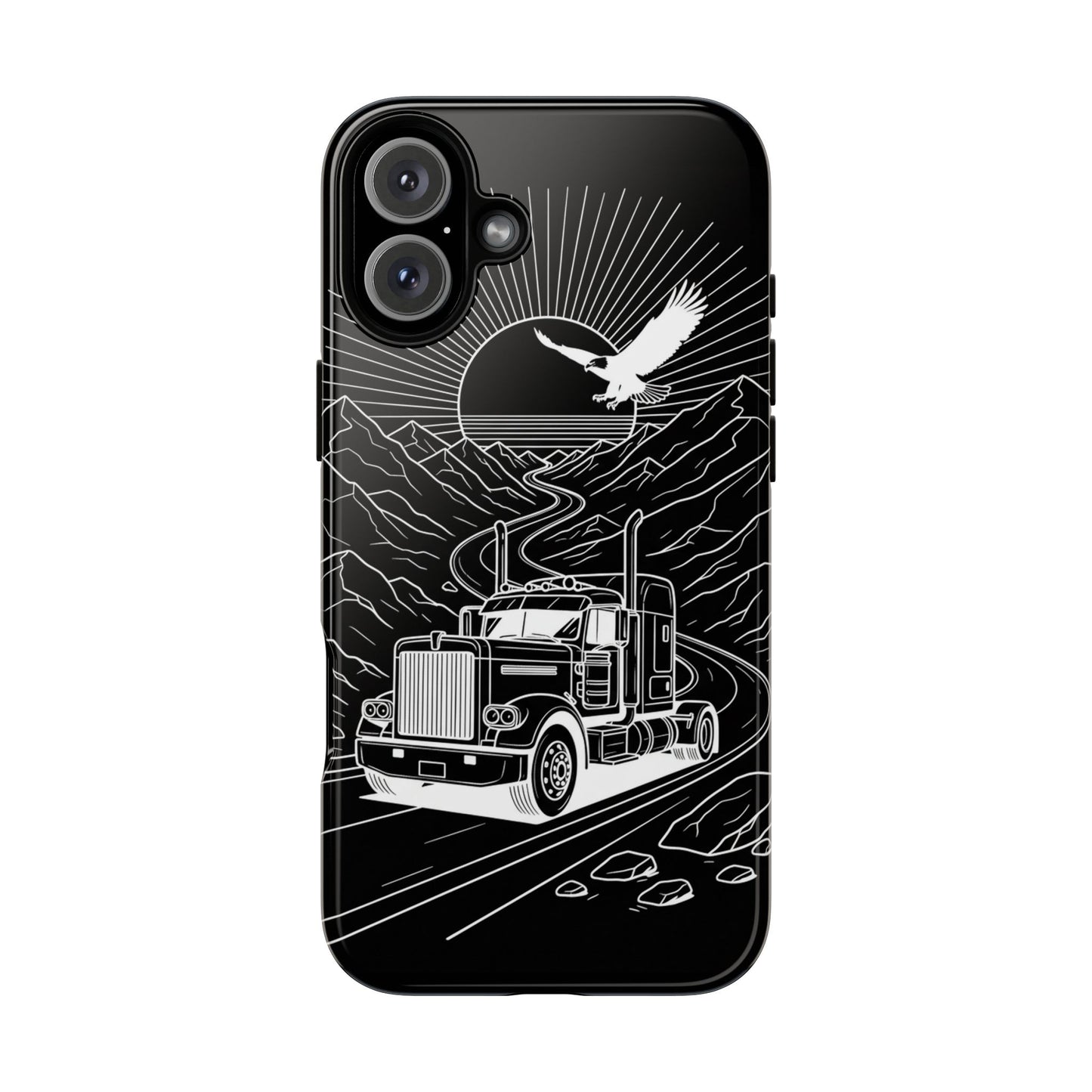 Trucker Highway Phone Case | Eagle & Mountain Line Art | Black Western Tough Case
