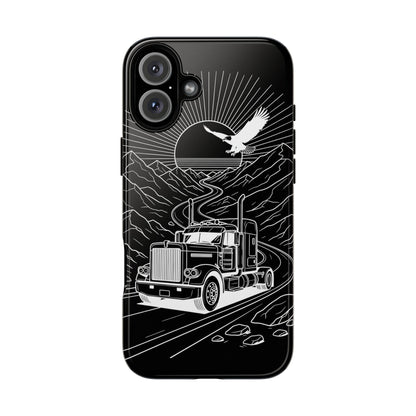 Trucker Highway Phone Case | Eagle & Mountain Line Art | Black Western Tough Case