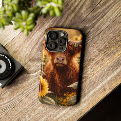 Highland Cow Sunflower Phone Case | Floral Farmhouse iPhone, Samsung Galaxy and Pixel Cover
