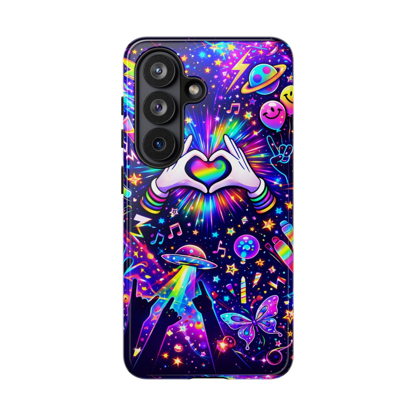 Rainbow Heart Hands Phone Case – Neon Galaxy EDM Festival Tough Cover