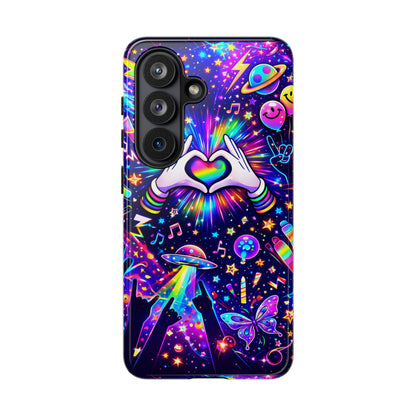 Rainbow Heart Hands Phone Case – Neon Galaxy EDM Festival Tough Cover