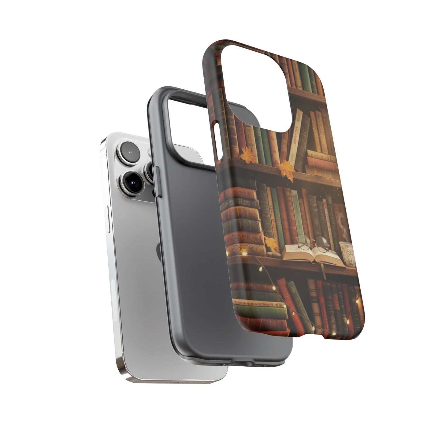 Cozy Vintage Bookshelf Phone Case, Library Aesthetic Book Stack, Autumn Coffee Vibes (iPhone, Samsung, Pixel)