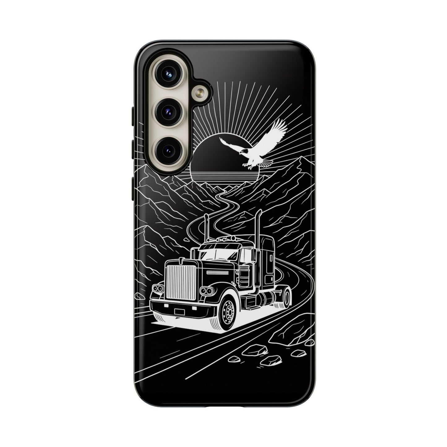 Trucker Highway Phone Case | Eagle & Mountain Line Art | Black Western Tough Case