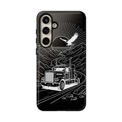 Trucker Highway Phone Case | Eagle & Mountain Line Art | Black Western Tough Case