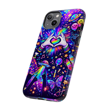 Rainbow Heart Hands Phone Case – Neon Galaxy EDM Festival Tough Cover