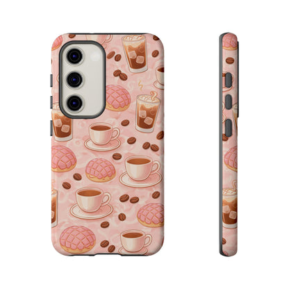 Cute Coffee & Pink Concha Phone Case – Coffee Lover Aesthetic Latte Pattern Tough Case