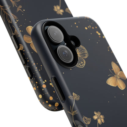 Gold Floral Butterfly Phone Case, Dark Aesthetic Botanical, Elegant Black Luxury iPhone Samsung Cover