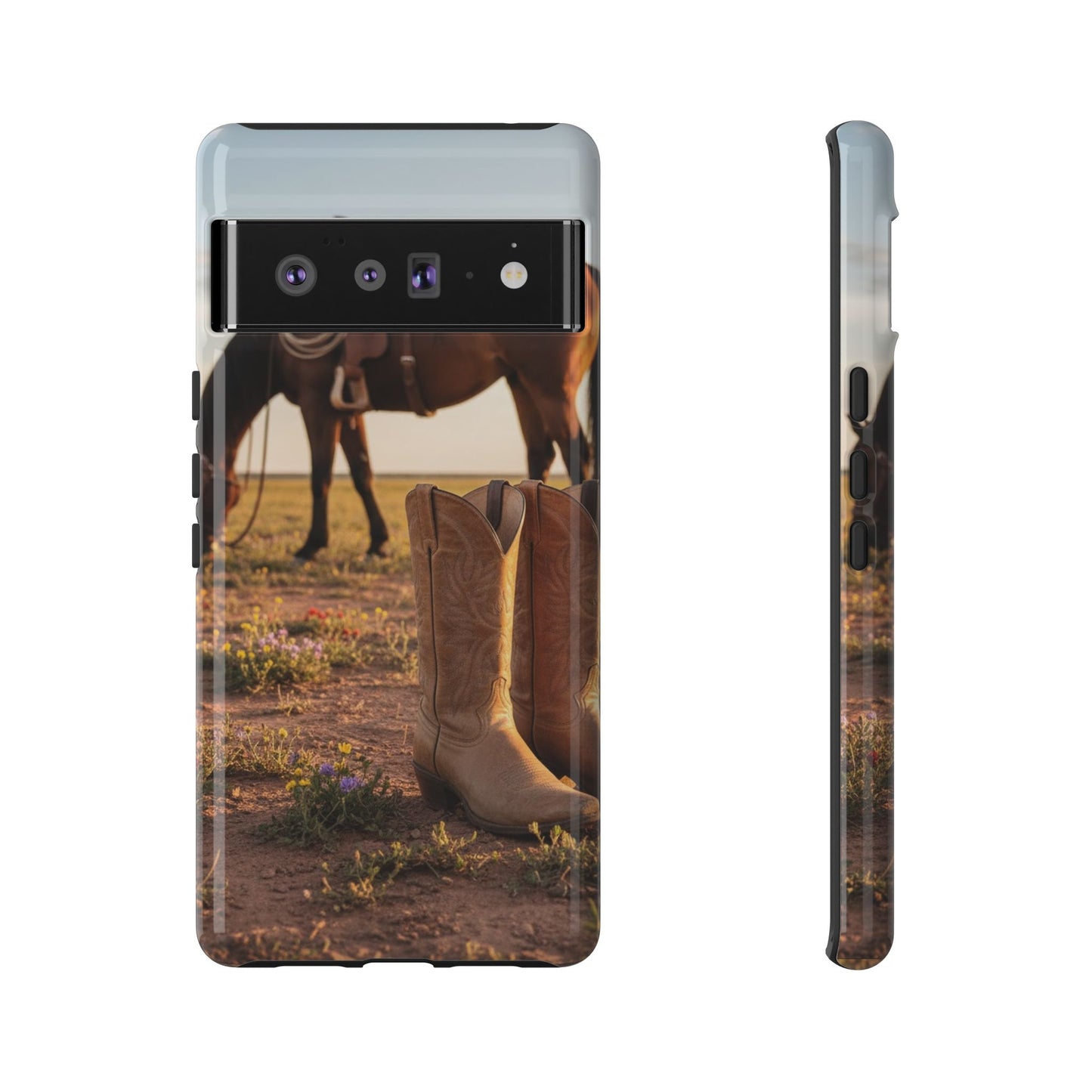 Western Cowboy Boots Phone Case – Rustic Horse Sunset Tough Case (iPhone, Samsung, Pixel)