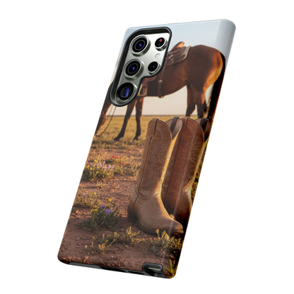 Western Cowboy Boots Phone Case – Rustic Horse Sunset Tough Case (iPhone, Samsung, Pixel)