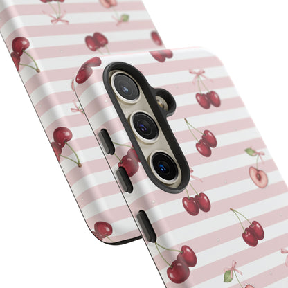 Pink Cherry Stripe Phone Case | Cute Coquette Aesthetic Protective Tough Case