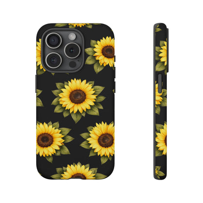 Sunflower Floral Tough Phone Case – Black Background Protective Cover for Iphone, Samsung Galaxy and Pixel