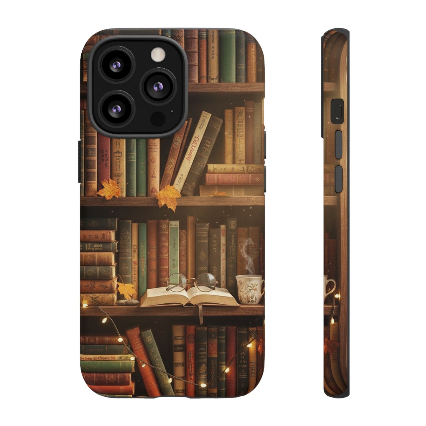 Cozy Vintage Bookshelf Phone Case, Library Aesthetic Book Stack, Autumn Coffee Vibes (iPhone, Samsung, Pixel)