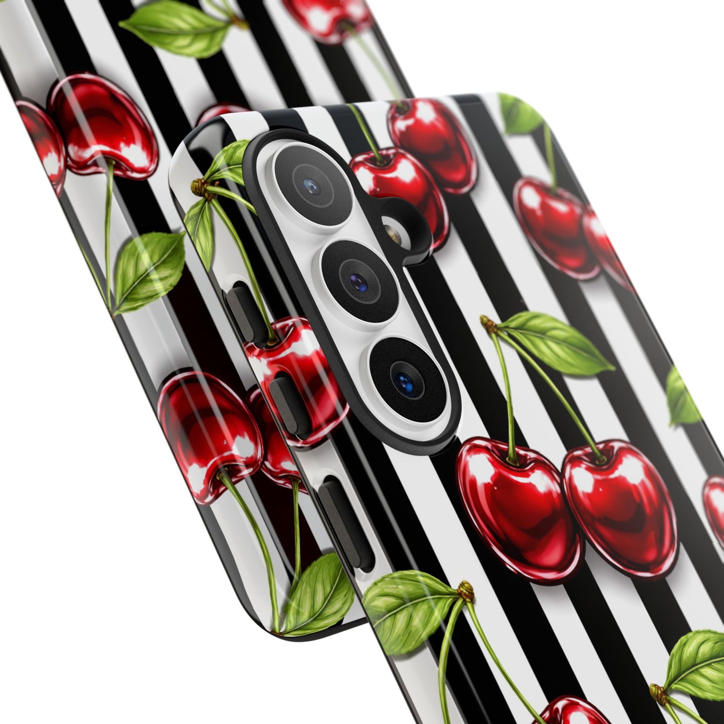 Cherry Pattern Phone Case Black White Stripe Retro Aesthetic Tough Cover