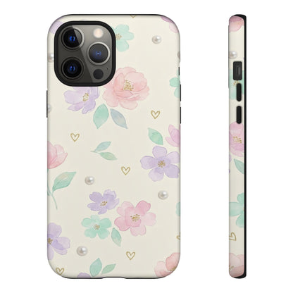 Pastel Floral Phone Case – Coquette Watercolor Flower Hearts Tough Case (iPhone, Samsung, Pixel)