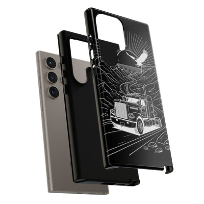 Trucker Highway Phone Case | Eagle & Mountain Line Art | Black Western Tough Case